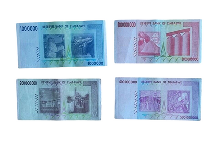 Zimbabwe million dollars banknotes set of all 4 (1,100, 200, 500 million) used