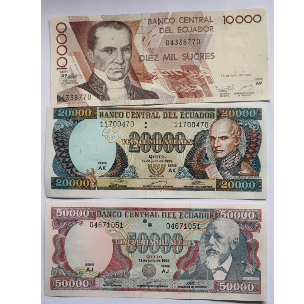 Ecuador 3 Pcs SET 10000 20000 50000 Sucres 1999, UNC, P-128, 129, 130