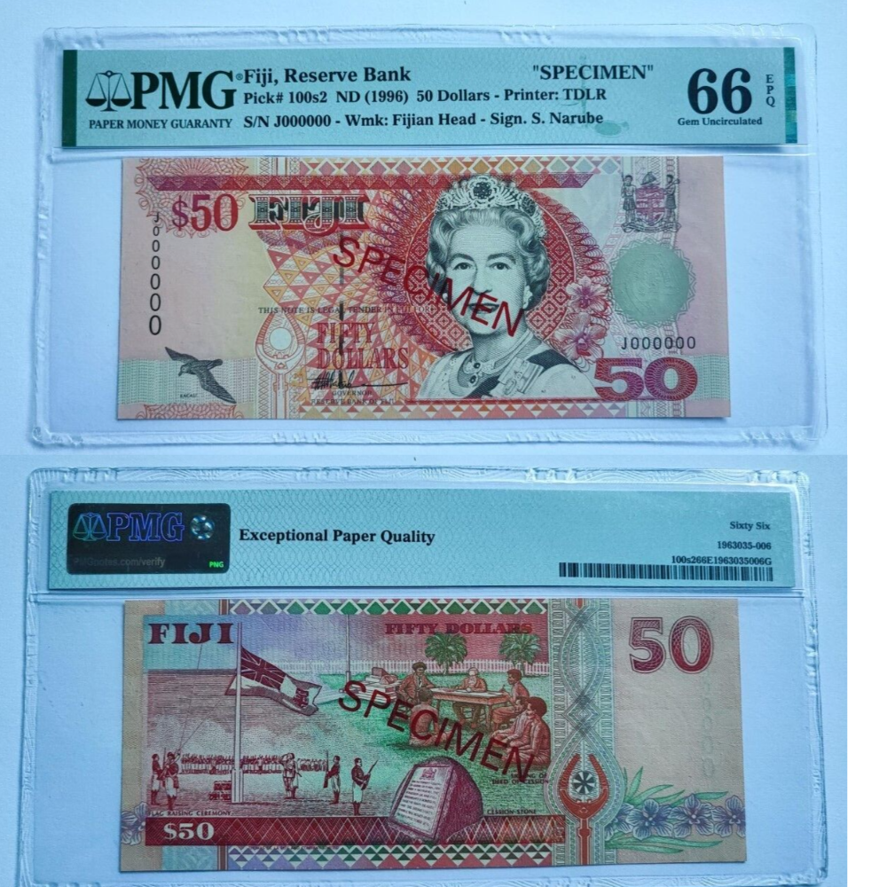 Fiji 50 Dollars Specimen 1996 Pk 100s2 PMG 66 EPQ Gem Unc