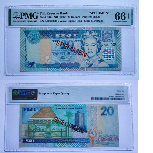 Fiji, 20 Dollars, 2002, UNC, p107s, SPECIMEN PMG 66