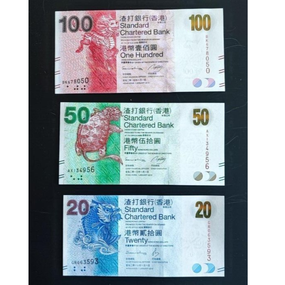 Hong Kong 20 , 50 , 100 Dollar SCB Bank notes Set Uncirculated