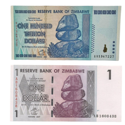 A Set Of 2 Pcs: Zimbabwe 100 Trillion And OneDollar banknotes. Genuine, UNC AA