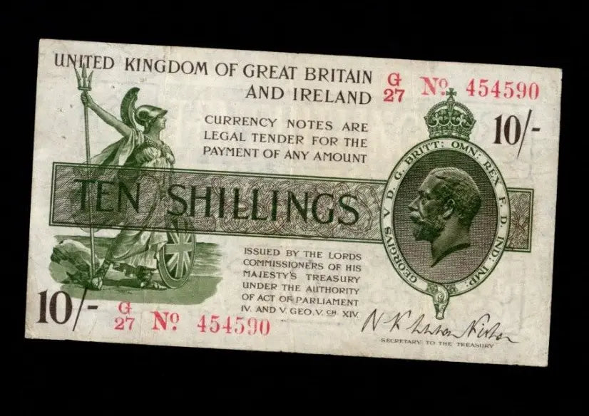 Front of 1923 Great Britain 10 Shillings banknote featuring King George V, Britannia, and serial number G/27 454590