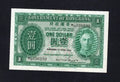 Front side of a 1949 Hong Kong 1 Dollar banknote showing King George VI, dated 9th April 1949, serial M/3 036232.