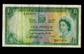Front and reverse of a circulated 1956 Bank of Rhodesia and Nyasaland one pound banknote featuring Queen Elizabeth II and Great Zimbabwe ruins.