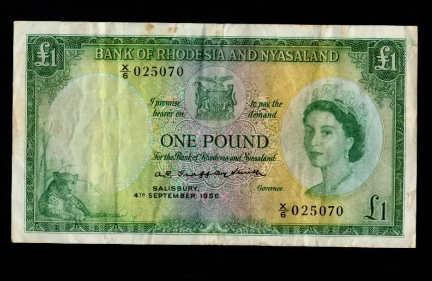 Front and reverse of a circulated 1956 Bank of Rhodesia and Nyasaland one pound banknote featuring Queen Elizabeth II and Great Zimbabwe ruins.