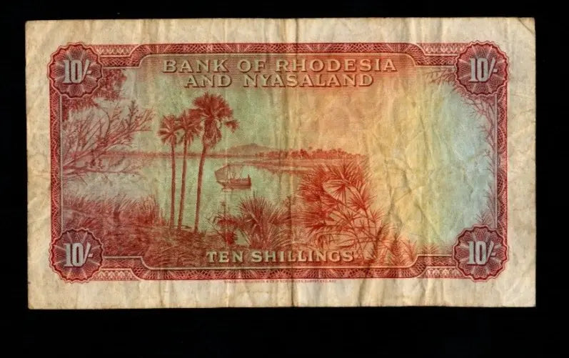 Front of 1956 Rhodesia and Nyasaland 10 Shillings banknote featuring Queen Elizabeth II and serial W/2 813824