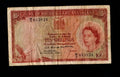 Front of 1956 Rhodesia and Nyasaland 10 Shillings banknote featuring Queen Elizabeth II and serial W/2 813824