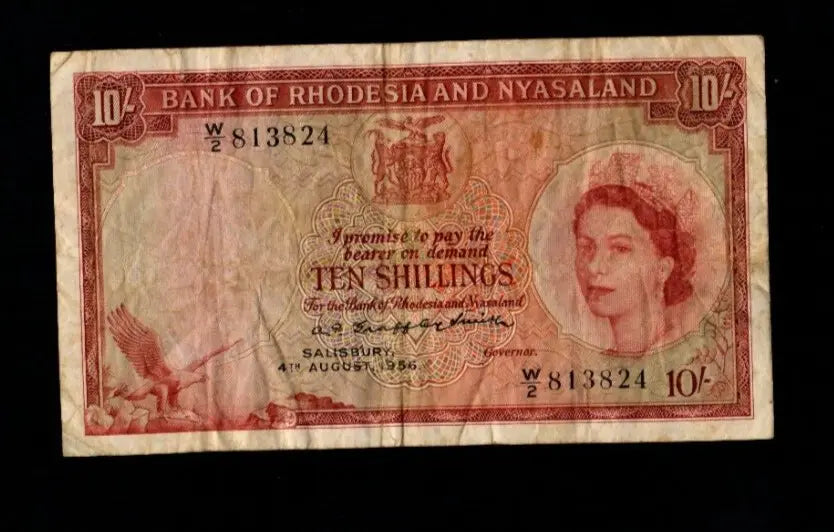 Front of 1956 Rhodesia and Nyasaland 10 Shillings banknote featuring Queen Elizabeth II and serial W/2 813824