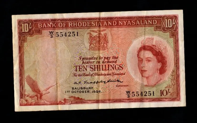 Front of 1956 Rhodesia and Nyasaland 10 Shillings note dated 1st October 1956 featuring Queen Elizabeth II.