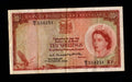 Front of 1956 Rhodesia and Nyasaland 10 Shillings note dated 1st October 1956 featuring Queen Elizabeth II.