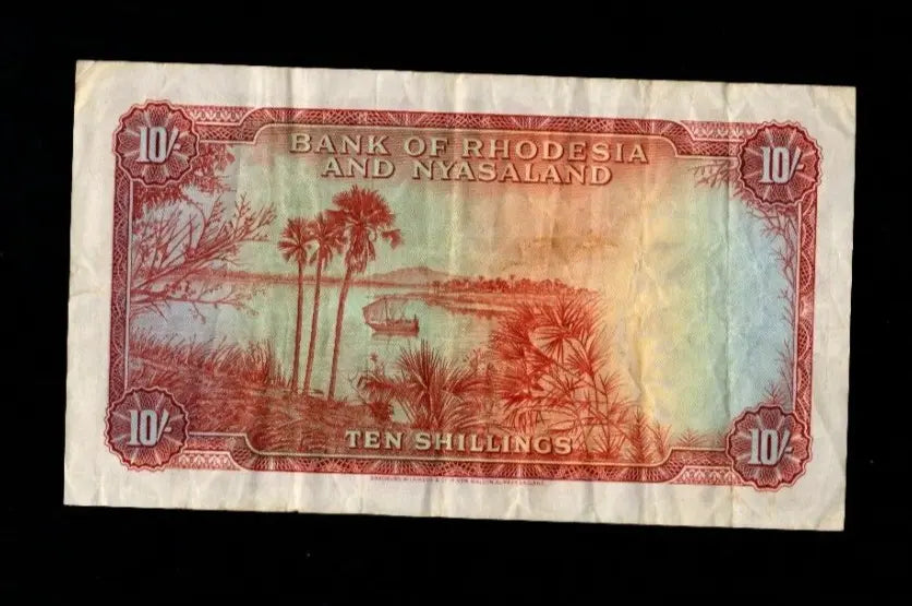 Front of 1956 Rhodesia and Nyasaland 10 Shillings banknote dated 1st October 1956 with Queen Elizabeth II.