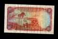 Back of 1956 Rhodesia and Nyasaland 10 Shillings banknote featuring a river landscape and palm trees.