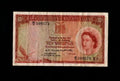 Front of 1956 Rhodesia and Nyasaland 10 Shillings banknote dated 1st October 1956 with Queen Elizabeth II.