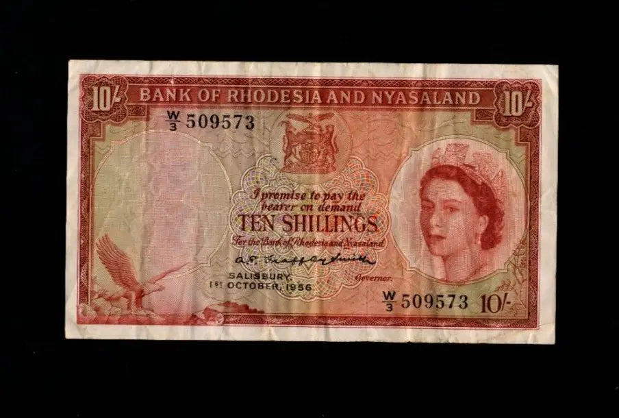 Front of 1956 Rhodesia and Nyasaland 10 Shillings banknote dated 1st October 1956 with Queen Elizabeth II.