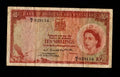 Front of 1956 Bank of Rhodesia and Nyasaland 10 Shillings note featuring Queen Elizabeth II and an eagle.