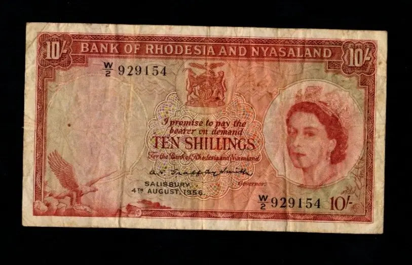 Front of 1956 Bank of Rhodesia and Nyasaland 10 Shillings note featuring Queen Elizabeth II and an eagle.
