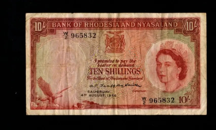 Front of 1956 Bank of Rhodesia and Nyasaland 10 Shillings note featuring Queen Elizabeth II and serial W/2 965832.
