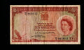 Front of 1956 Bank of Rhodesia and Nyasaland 10 Shillings note featuring Queen Elizabeth II and serial W/2 965832.