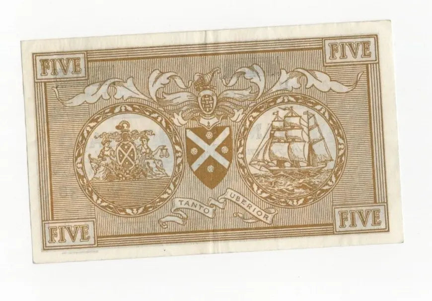 Reverse of a 1961 Scottish 5 Pound note featuring a sailing ship engraving and heraldic shield.