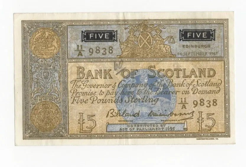 Front of a 1961 Bank of Scotland £5 banknote with Britannia medallion and serial number 11/A 9838