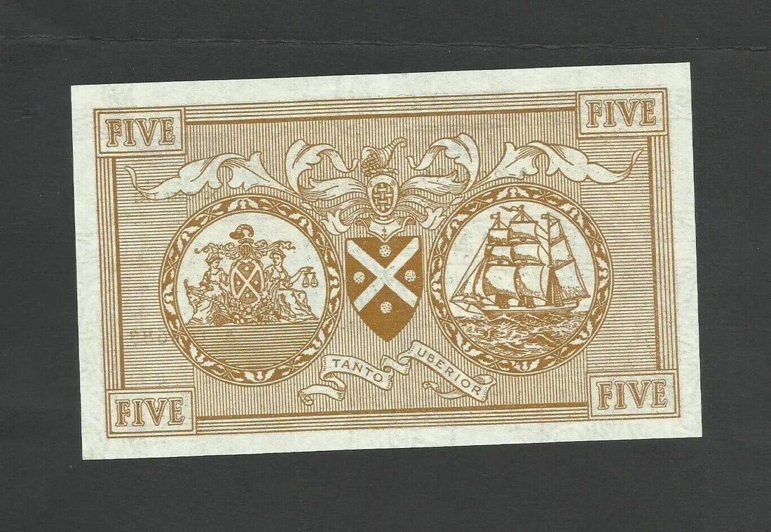 Front of a 1963 Bank of Scotland £5 banknote with Britannia medallion and serial number A 302687