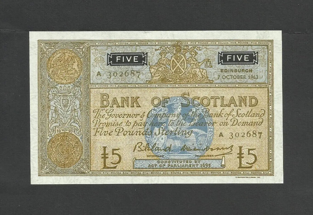 Front of a 1963 Bank of Scotland £5 banknote with Britannia medallion and serial number A 302687