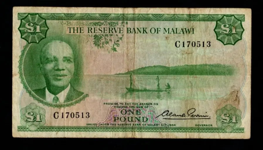 Front of 1964 Malawi 1 Pound banknote featuring President Hastings Kamuzu Banda and Lake Malawi fishermen.