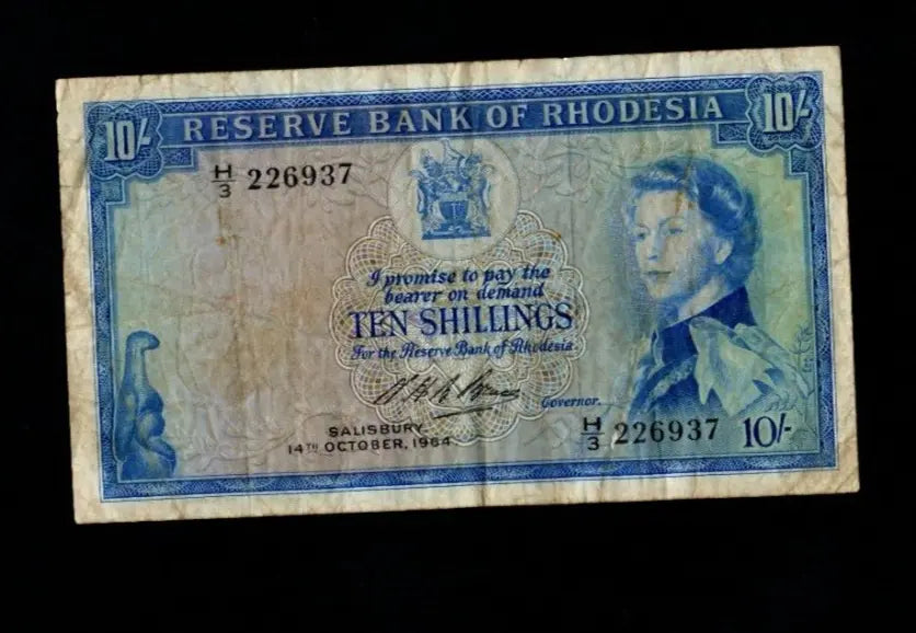 Front of 1964 Rhodesia 10 Shillings banknote featuring Queen Elizabeth II and the Salisbury 14th October 1964 date.