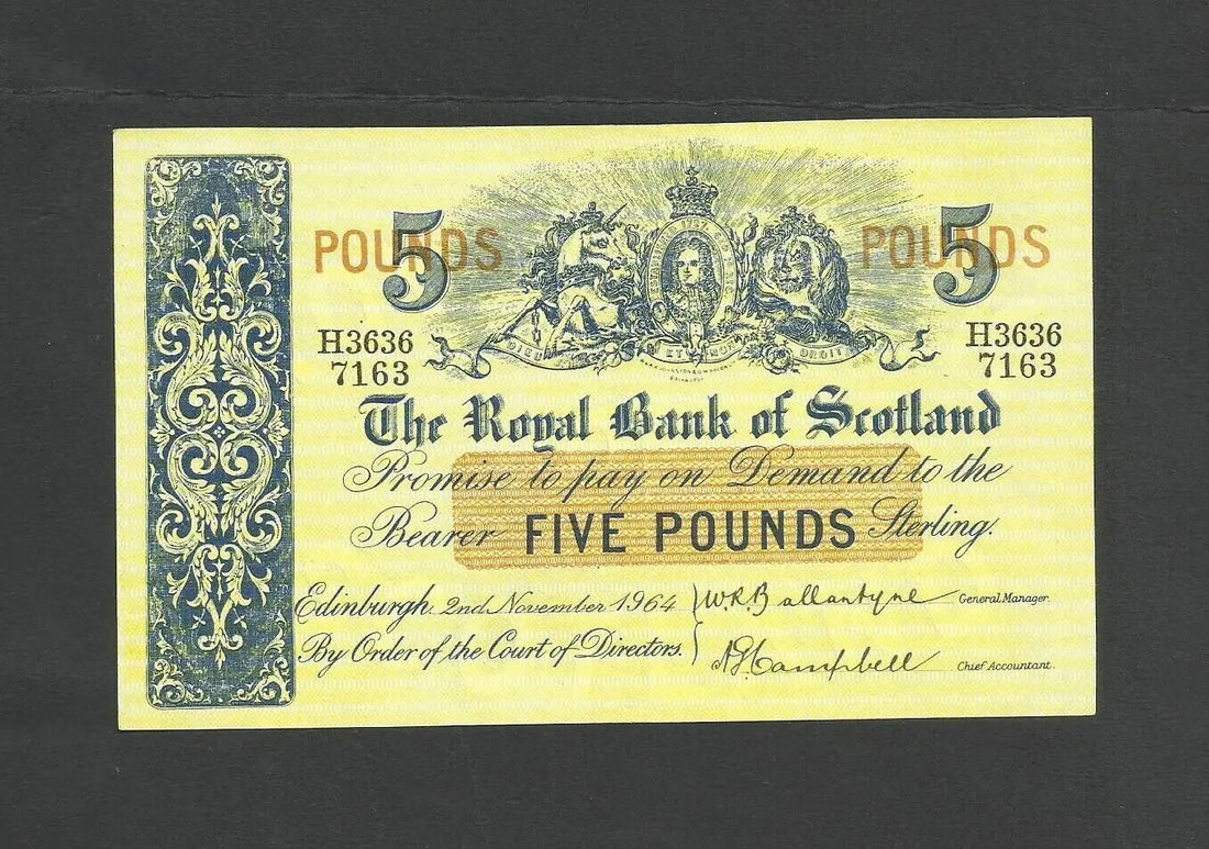 Front of a 1964 Royal Bank of Scotland £5 banknote featuring the coat of arms and serial number H3636 7163