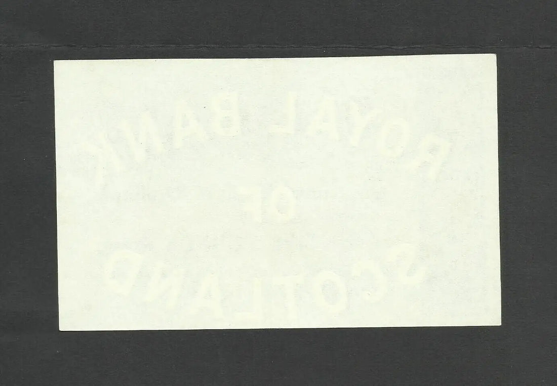 Front of a 1964 Royal Bank of Scotland £5 banknote featuring the coat of arms and serial number H3636 7163