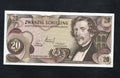 Circulated 1967 Austria 20 Schilling banknote featuring Carl Ritter von Ghega and the Semmering Railway bridge.