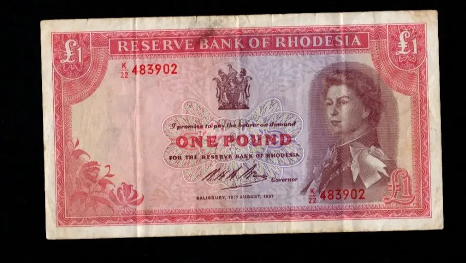Front of 1967 Rhodesia 1 Pound banknote showing Queen Elizabeth II and the date 18th August 1967.