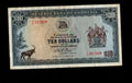 Front of 1973 Rhodesia 10 Dollar banknote featuring a Sable Antelope and Coat of Arms.