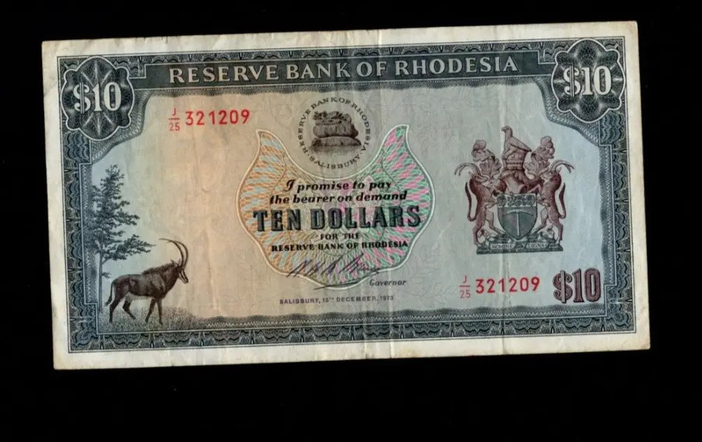 Front of 1973 Rhodesia 10 Dollar banknote featuring a Sable Antelope and Coat of Arms.