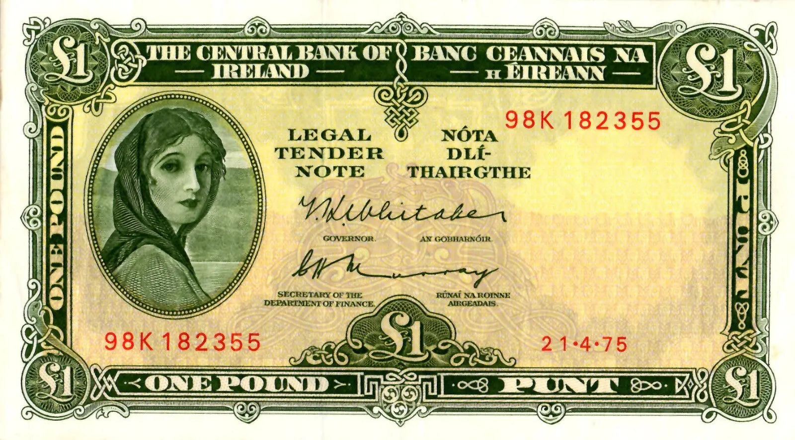 Front of a 1975 Ireland One Pound banknote featuring Lady Lavery and serial number 98K 182355.