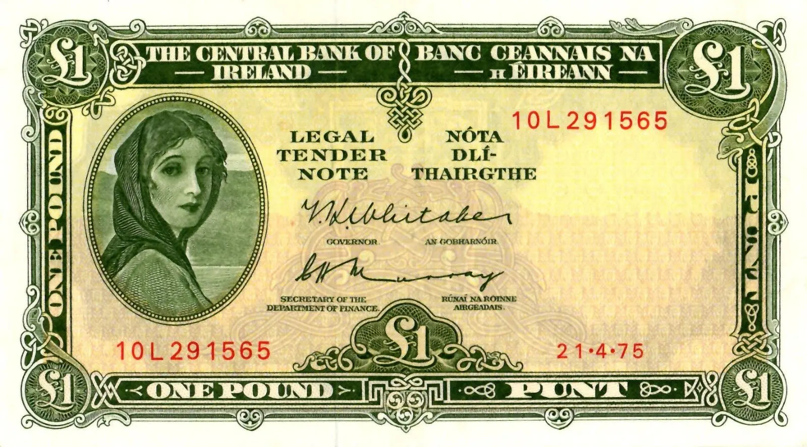 Front of a 1975 Ireland £1 banknote featuring Lady Lavery and serial number 10L 291565.