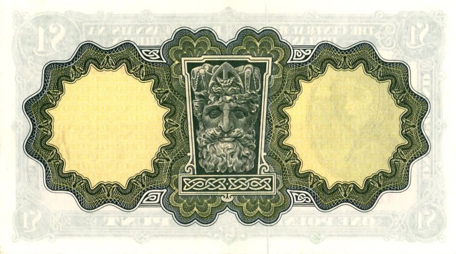 Reverse of a 1975 Ireland £1 note showing the River God Erne mask design.