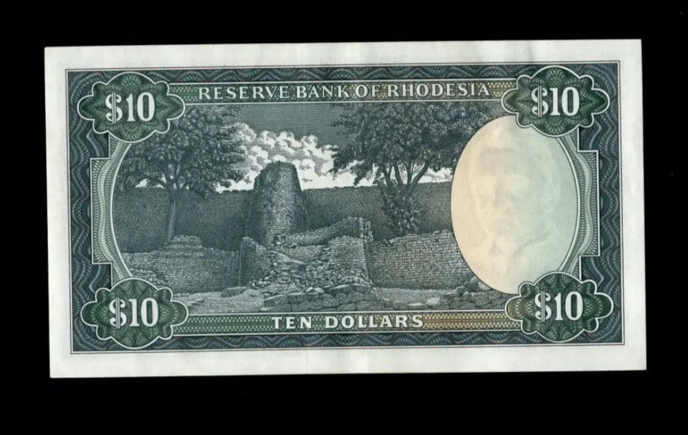 Reverse of 1975 Rhodesia 10 Dollar banknote showing the Great Zimbabwe Ruins stone architecture.