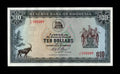 Front of 1975 Rhodesia 10 Dollar banknote featuring a Sable Antelope and serial number J/37 590089.