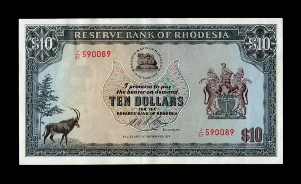 Front of 1975 Rhodesia 10 Dollar banknote featuring a Sable Antelope and serial number J/37 590089.