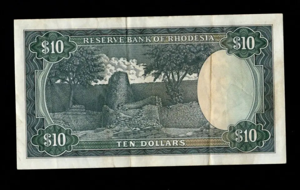 Front of 1975 Rhodesia 10 Dollar banknote featuring a Sable Antelope and serial number J/36 488523