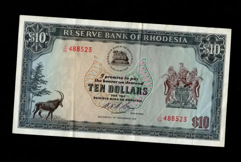 Front of 1975 Rhodesia 10 Dollar banknote featuring a Sable Antelope and serial number J/36 488523