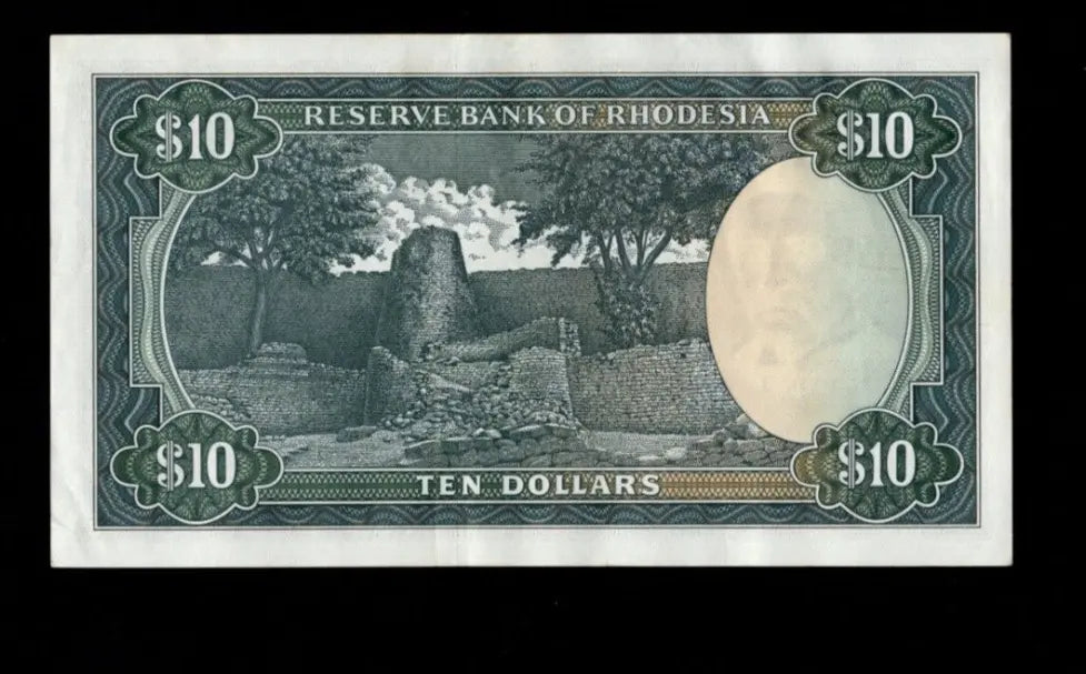 Front of 1975 Rhodesia 10 Dollar banknote featuring a Sable Antelope and serial number J/37 521165