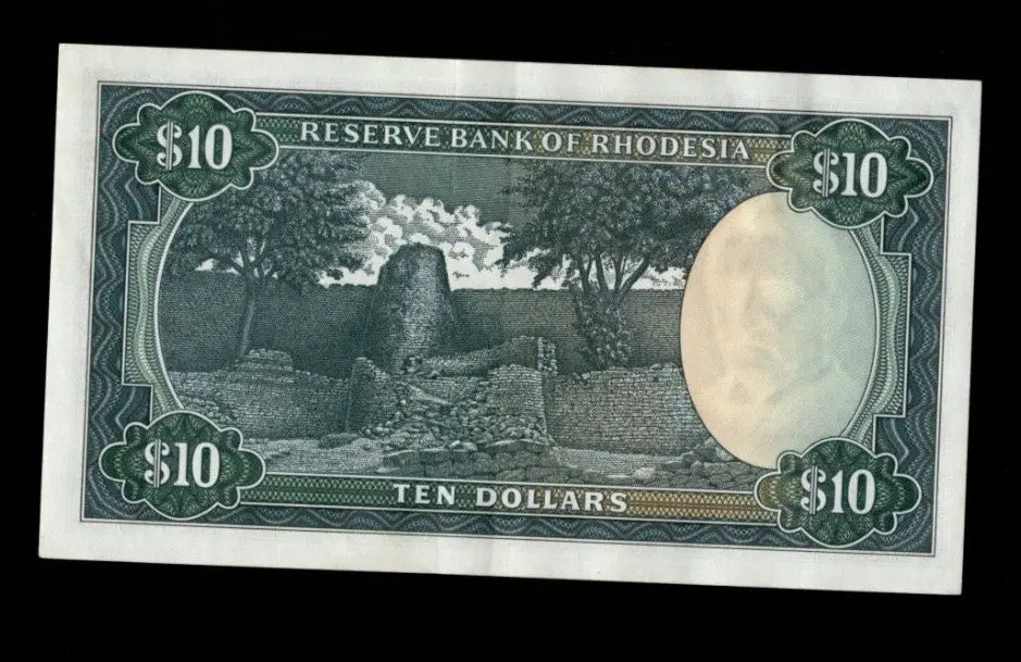 Front of 1975 Rhodesia 10 Dollar banknote featuring a Sable Antelope and serial number J/37 649592.