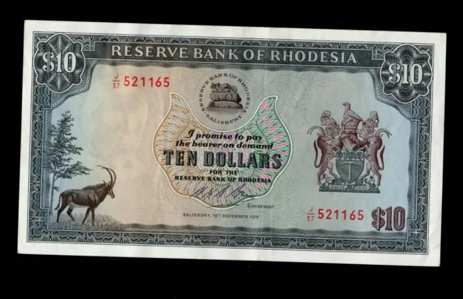 Front of 1975 Rhodesia 10 Dollar banknote featuring a Sable Antelope and serial number J/37 521165