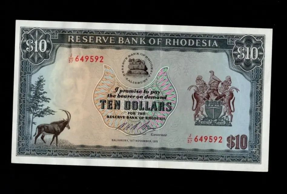 Front of 1975 Rhodesia 10 Dollar banknote featuring a Sable Antelope and serial number J/37 649592.