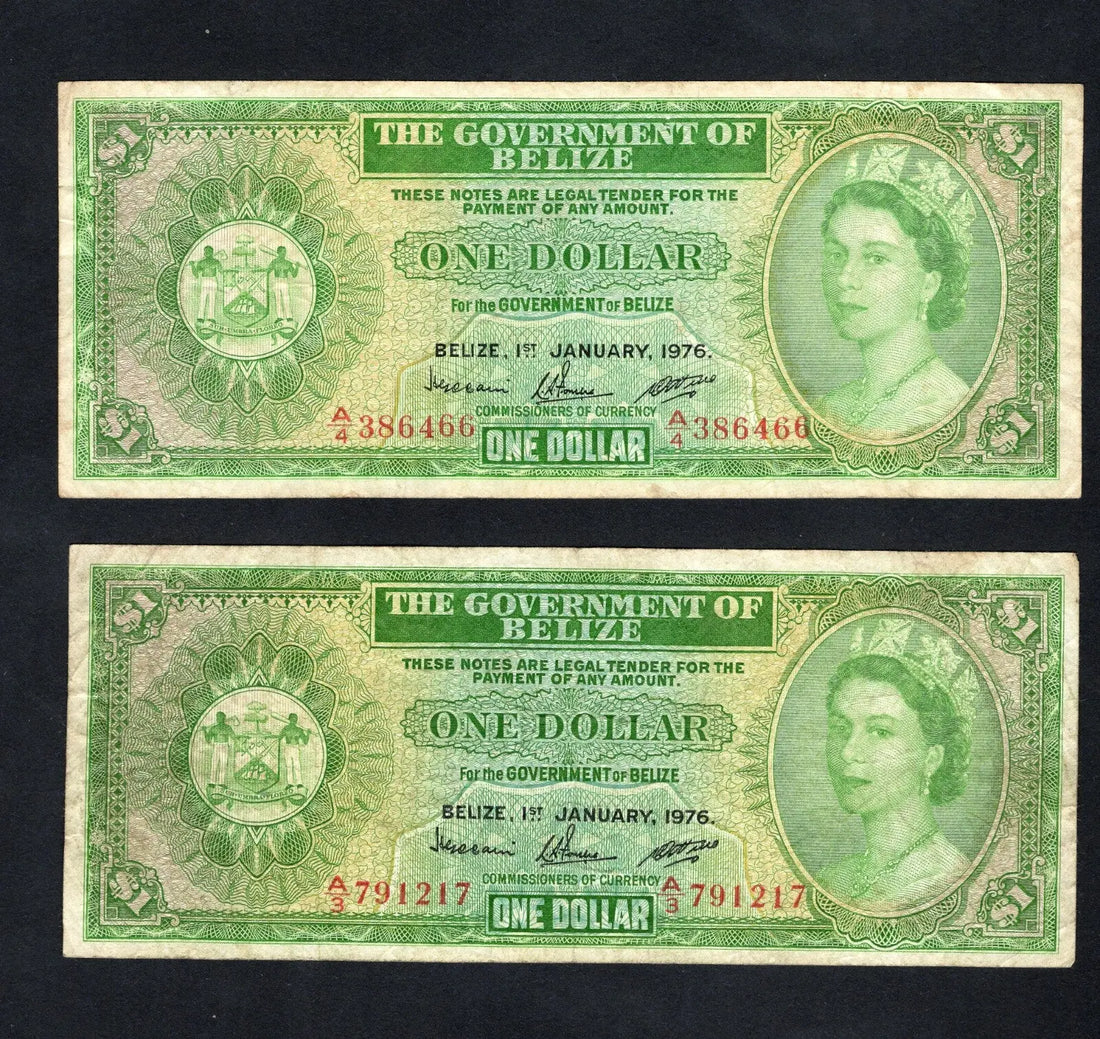 Front view of two 1976 Belize 1 Dollar banknotes featuring Queen Elizabeth II, serial numbers A4 386466 and A3 791217.