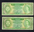 Front view of two 1976 Belize 1 Dollar banknotes featuring Queen Elizabeth II, serial numbers A4 386466 and A3 791217.