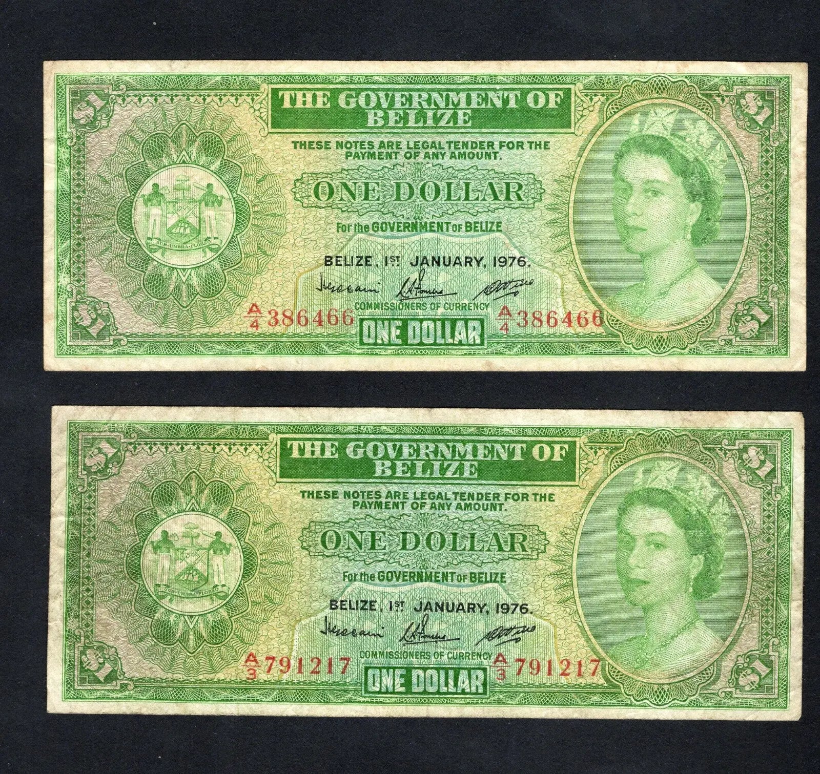 Front view of two 1976 Belize 1 Dollar banknotes featuring Queen Elizabeth II, serial numbers A4 386466 and A3 791217.